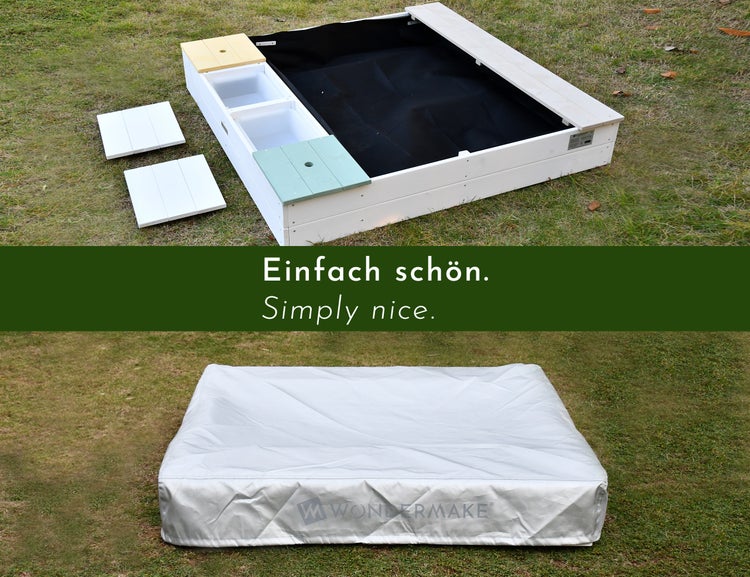 WONDERMAKE® Design Sandkasten mit Matschküche, Abdeckung OXFORD 420D, Vliesfolie, Sandkiste Holz quadratisch verschließbar Outdoor Garten für Kinder, weiß bunt