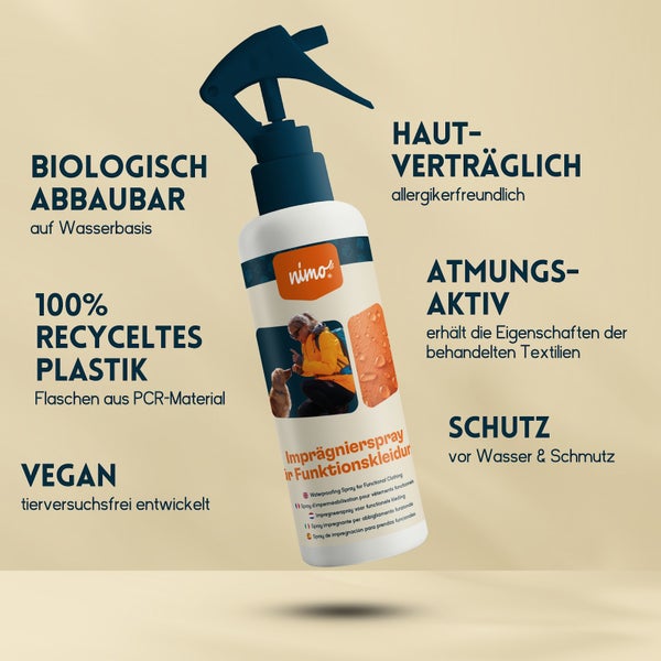 nimo® Imprägnierspray für Funktionskleidung • Versiegelung zum Schutz gegen Nässe und Schmutz