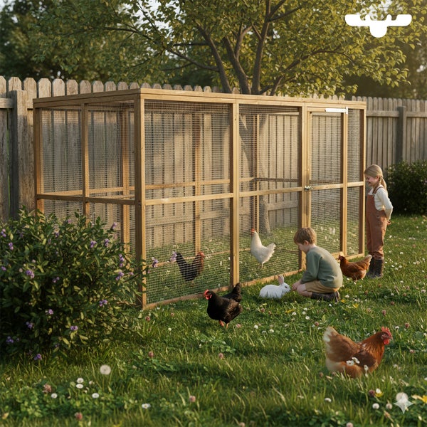 Hühnerstall aus Holz mit Maschendraht in einem Garten mit Kindern und Hühnern