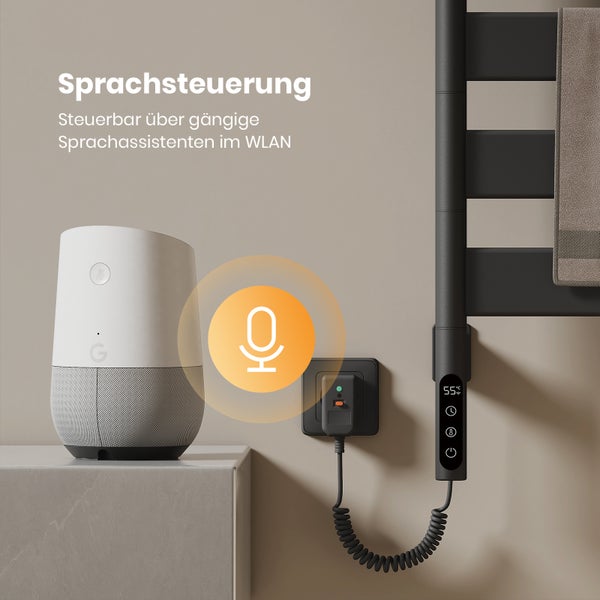 Sprachsteuerung eines Heizkörpers über ein drahtloses Netzwerk mit einem smarten Lautsprecher.