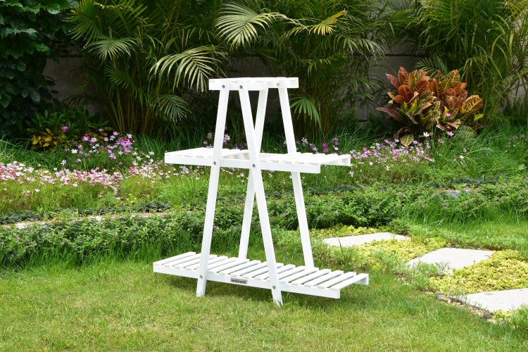 needs&wants® Pflanzenregal Blumenständer aus Holz wetterfest für Outdoor Balkon Garten draußen Indoor innen Wand, Pflanzenständer Blumentreppe, weiß