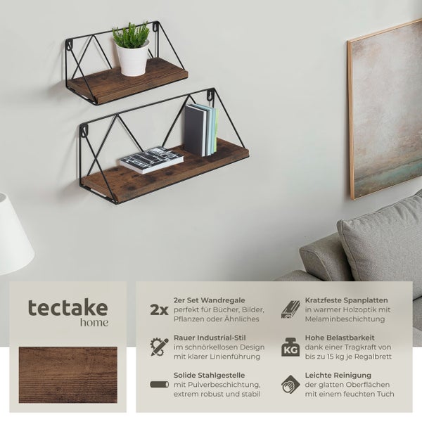 2er Set Wandregal tectake Rockport Tiefe 13 cm Industrial Style Industrial Holz dunkel, rustikal
