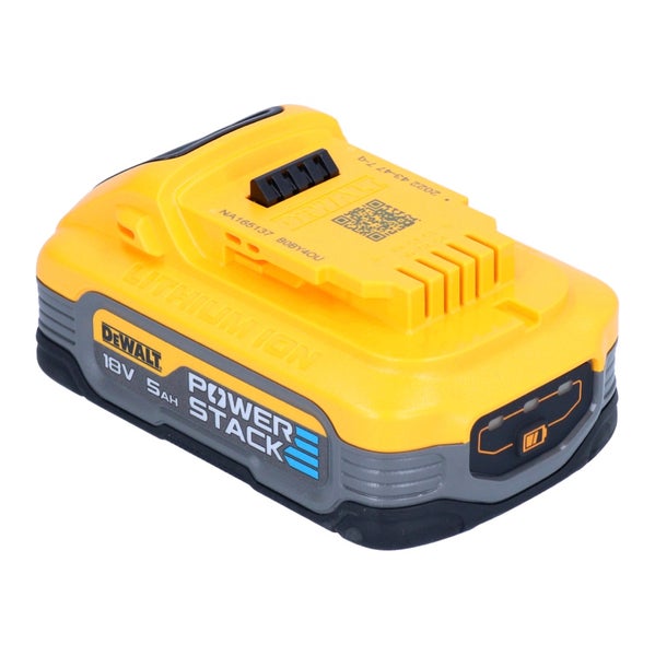 DeWalt Powerstack Akku, 18 Volt, 5 Amperestunden, Lithium-Ionen, gelb-graues Gehäuse mit Ladestandsanzeige, für Elektrowerkzeuge.