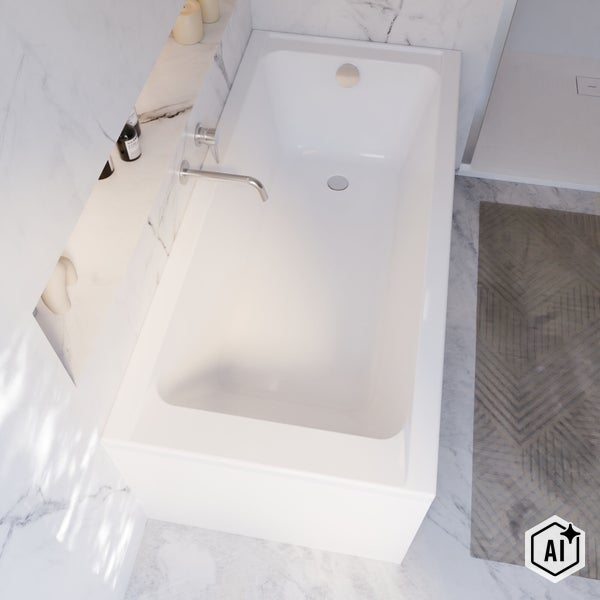 Moderne rechteckige Badewanne mit Armatur in einem Badezimmer mit Marmoroptik Fliesen und geometrischem Teppich.
