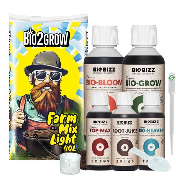 Bio2Grow Farm Mix Light 40 Liter Substrat mit Biobizz Bio-Bloom, Bio-Grow, Top-Max, Root-Juice, Bio-Heaven Düngern, Messbecher, Pipette und Löffel.