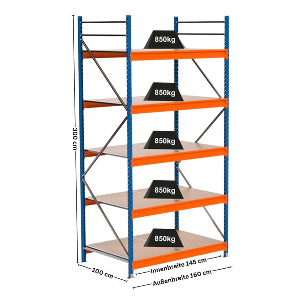 Lagerregal mit fünf Regalböden und Gewichtsangabe