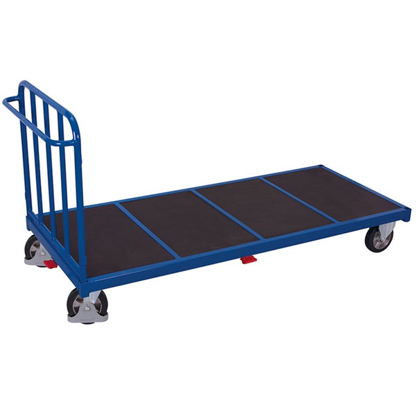 Plattformwagen mit Schiebebügel, vier Rollen und Ladefläche aus Holz.