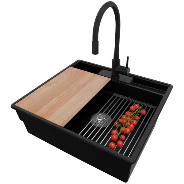 PRIMAGRAN Granitspüle Schwarz 58x53cm, Spülbecken 1 Becken + Küchenarmatur 40x38cm + Ablauf-Set + Küchenzubehörset, Küchenspüle ab 60er Unterschrank - New York