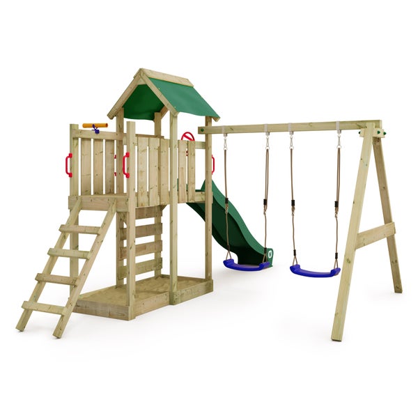 WICKEY Spielturm Klettergerüst MultiFlyer mit Schaukel und Rutsche, Kletterturm mit Sandkasten, Leiter und Spiel-Zubehör - grün