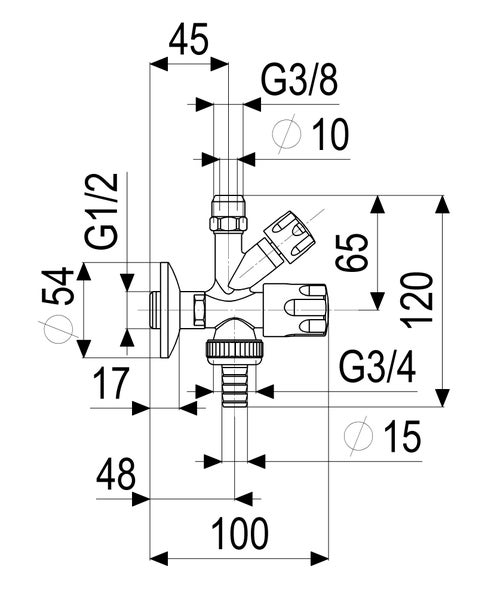 Maßzeichnung eines Kombi-Eckventils mit Anschlüssen G1/2, G3/8 und G3/4 sowie Maßangaben in Millimetern.