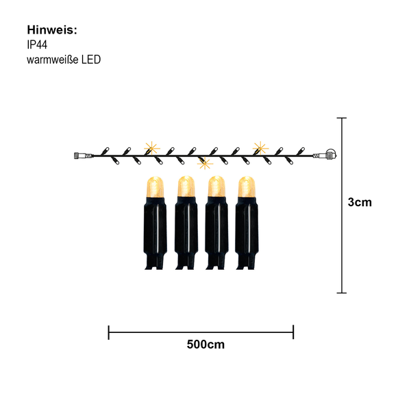 Lichterkette mit warmweißen LEDs, Schutzart IP44 und einer Länge von 500 Zentimeter
