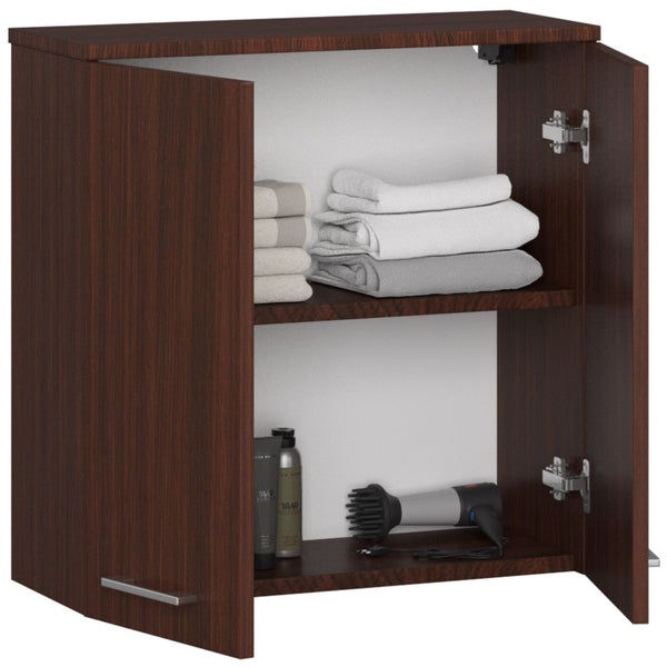 Offener Badezimmerschrank aus Holz mit Regalen zur Aufbewahrung von Handtüchern und Badutensilien