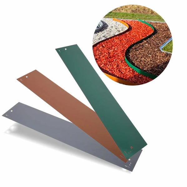 Drei Metall Rasenkanten in verschiedenen Ausführungen für die Gartengestaltung und Beetabgrenzung, inklusive Anwendungsbeispiel im Garten.