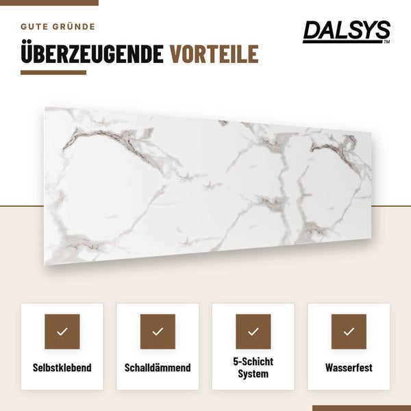 Dalsys Wandpaneel in Marmoroptik mit Symbolen für selbstklebend, schalldämmend, 5 Schicht System und wasserfest.