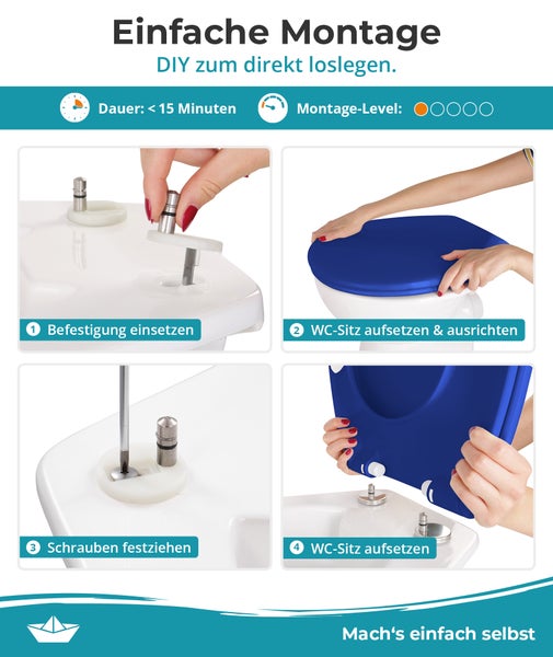 Montageanleitung für Toilettensitz: Befestigung einsetzen, ausrichten, festziehen, aufsetzen. Dauer unter 15 Minuten. Schwierigkeit einfach. Hornbach Logo.