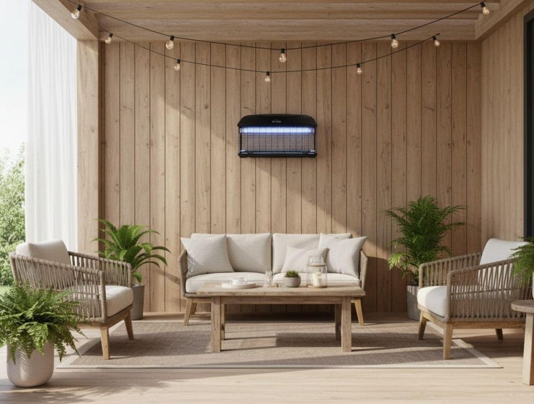 Moderne Holzterrasse mit Lounge-Möbeln, Pflanzen und Lichterkette, ausgestattet mit einem elektrischen Insektenvernichter an der Wand.