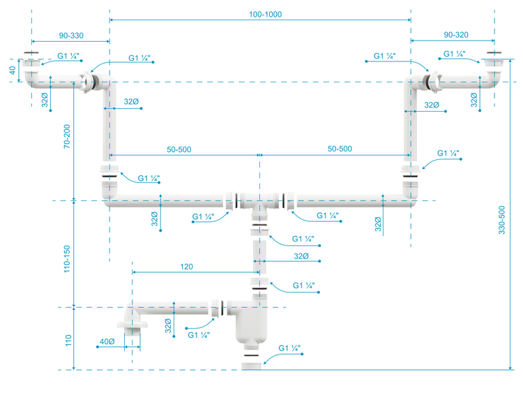 Abbildung einer Sanitärinstallation mit Maßangaben