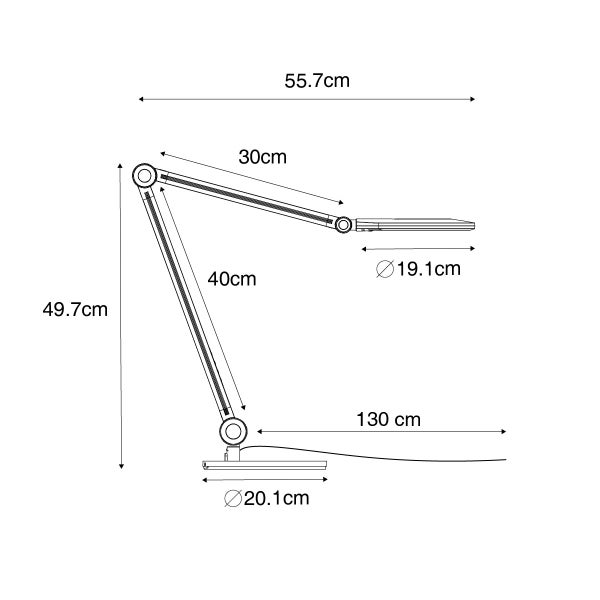 Technische Zeichnung einer Schreibtischleuchte mit Maßangaben