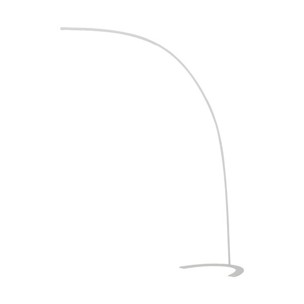 Weiße Bogenstehlampe in minimalistischem Design mit schlankem, gebogenem Arm und stabilem Fuß.