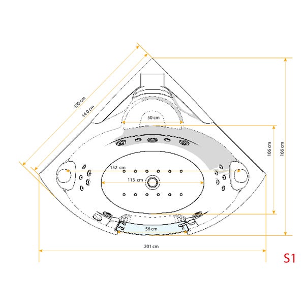 Maßzeichnung einer Eck-Whirlpool-Badewanne mit Angaben zu Außen- und Innenmaßen in Zentimetern.