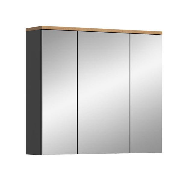 Spiegelschrank mit drei Spiegeltüren und Holzoberfläche