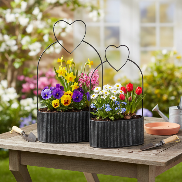 Zwei ovale Pflanzgefäße aus Wellblech mit Herz-Bügeln auf einem Holztisch, bepflanzt mit bunten Frühlingsblumen in einem sonnigen Garten.