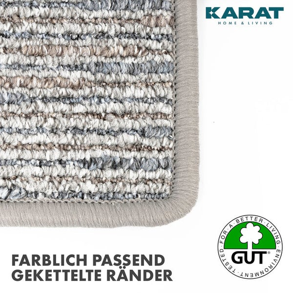 Detailansicht eines Teppichs mit Schlingenoberfläche und farblich passend geketteltem Rand, Karat Home and Living Logo und GUT Siegel.