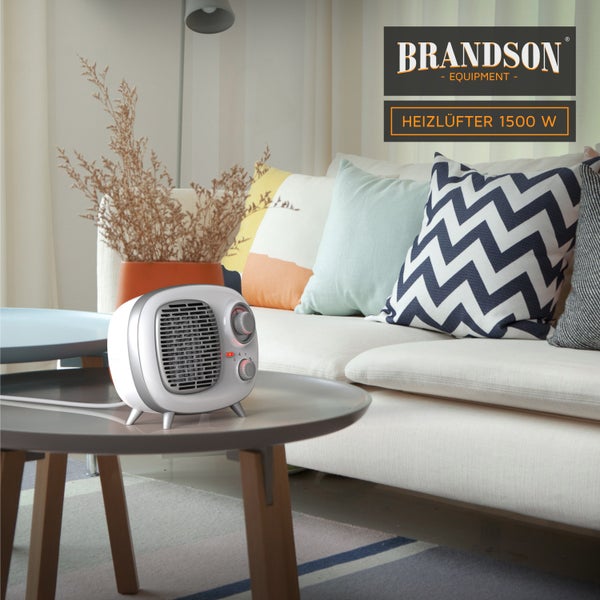 Brandson Keramik Heizlüfter 1500W im Retrodesign, Überhitzungsschutz, Thermosicherung, Umkippschutz, 2 Leistungsstufen, Weiß/Silber