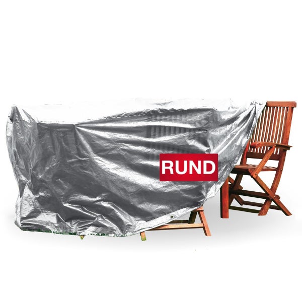 Runde Abdeckhaube für Gartenmöbel aus silberfarbenem Kunststoff über einem runden Holztisch und Gartenstühlen.