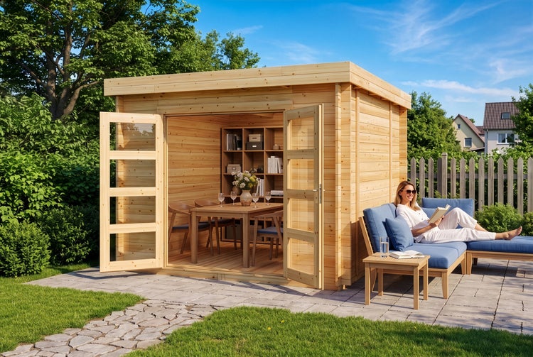 Modernes Gartenhaus aus Holz mit Flachdach und Glastür auf einer Terrasse, mit Esstisch innen und einer Person auf einem Lounge-Sofa im Freien.
