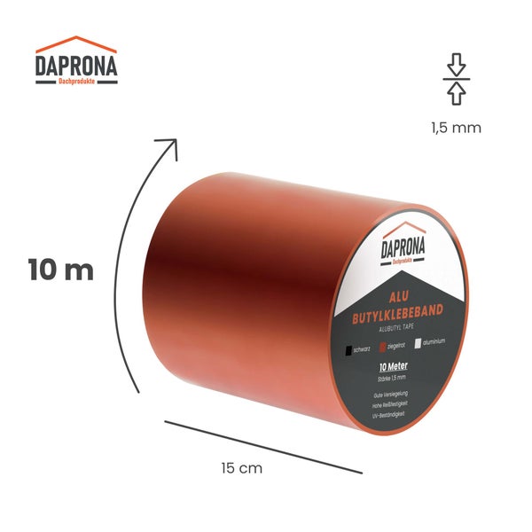 Daprona Alu Butylklebeband in Ziegelrot, Länge 10 Meter, Breite 15 Zentimeter, Stärke 1,5 Millimeter. Daprona Logo.