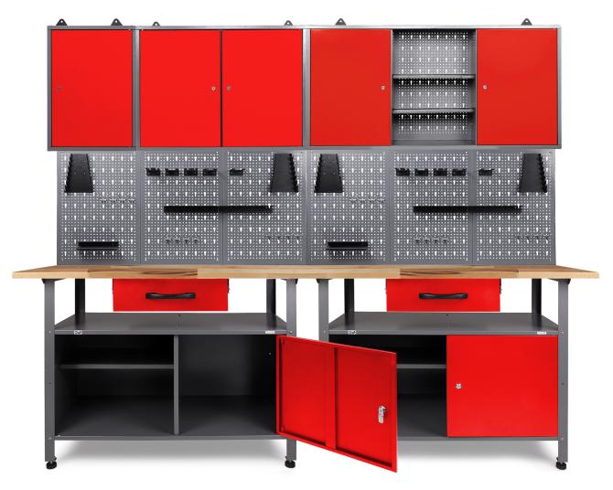 Ondis24 Werkstatt Set Klaus 240 cm 3 Schränke rot, Werkstatteinrichtung, Werkbank