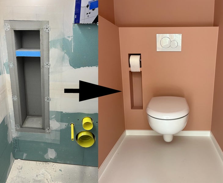 Vorher Nachher Vergleich einer Wandnische im Badezimmer neben einem wandhängenden WC mit Unterputz Spülkasten.