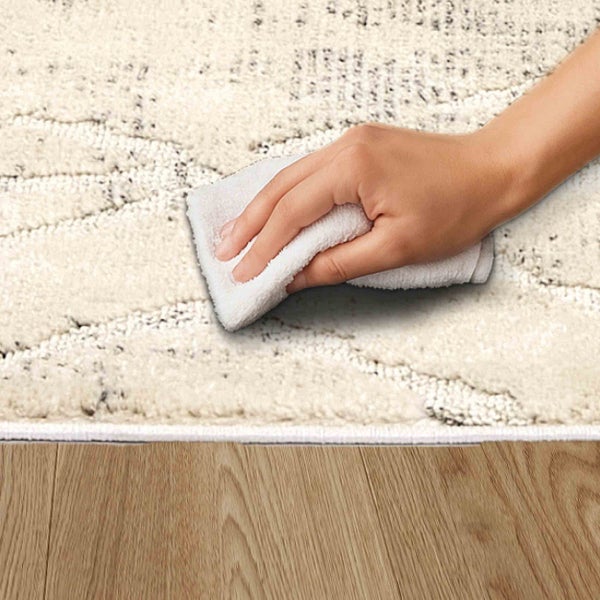 Hand reinigt Teppich mit Tuch auf Holzboden