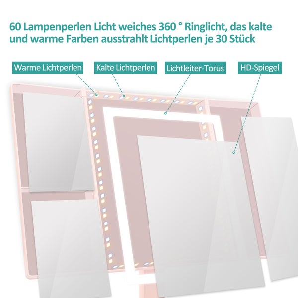 EMKE Kosmetikspiegel mit LED Beleuchtung 315 x 180 x 233 mm, Dimmbar, Touch-Schalter, 5x/7x Vergrößerung, Dreifach Faltbar & Drehbar, Tragbarer, USB/Batterie, Rosa