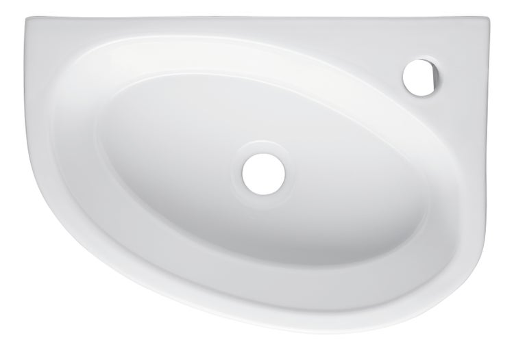 aquaSu® Handwaschbecken Liam 42 cm | Eck-Waschtisch mit Hahnloch | Kleines Hänge-Waschbecken rund | Wand- oder Aufsatzmontage | 42 x 29 cm | Sanitärkeramik in weiß | 562188