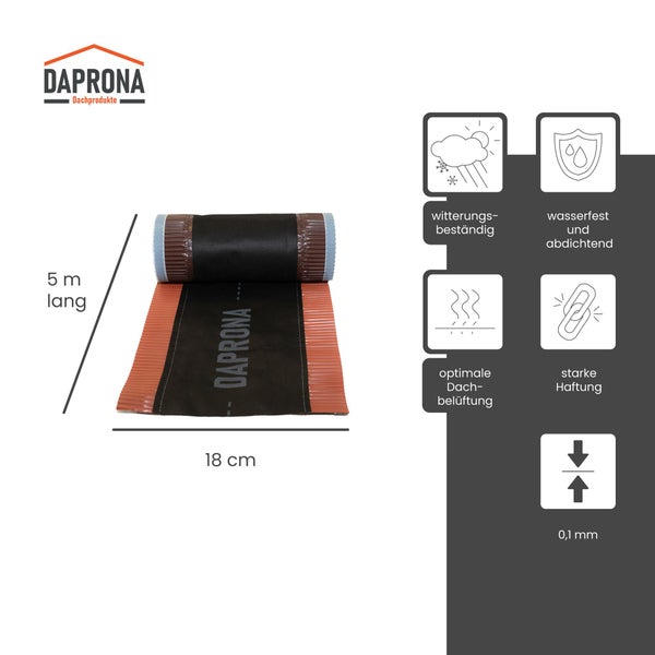 Daprona Firstband, 5 Meter lang, 18 Zentimeter breit, 0,1 Millimeter stark. Wetterfest, wasserdicht, belüftend, stark haftend. Daprona Logo.