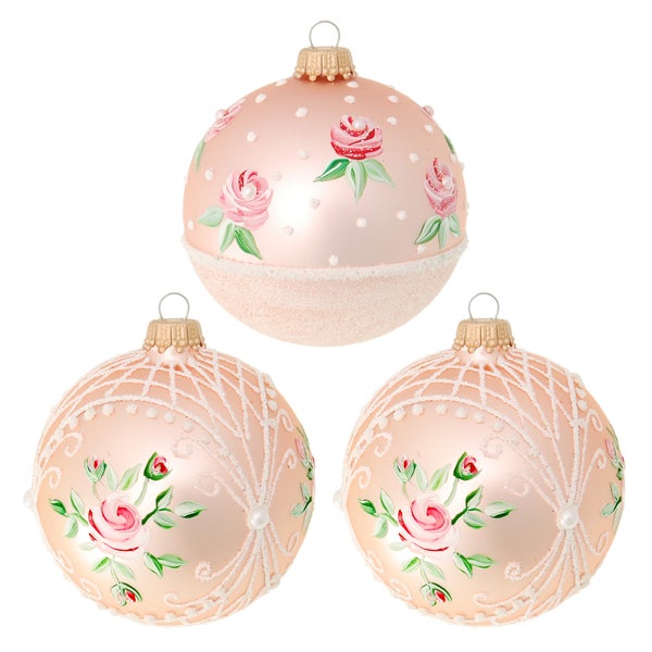 Rosafarbig 8cm Glaskugelsortiment, mundgeblasen, handbemalt , 3 Stck., Weihnachtsbaumkugeln, Christbaumschmuck, Weihnachtsbaumanhänger