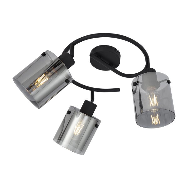 Deckenleuchte mit drei Leuchtenarmen und grauen Glasschirmen