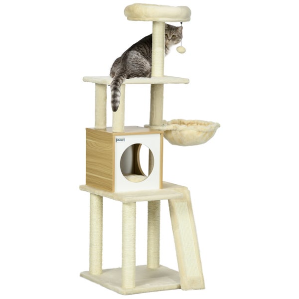 PawHut Kratzbaum aus holz 141,5 cm Sisal Katzenbaum mit Katzenhöhle, Katzenspielzeug, Katzenkratzbaum mit Hängebett, Kletterbaum mit 2 Plattformen, Kätzchen Möbel, Beige