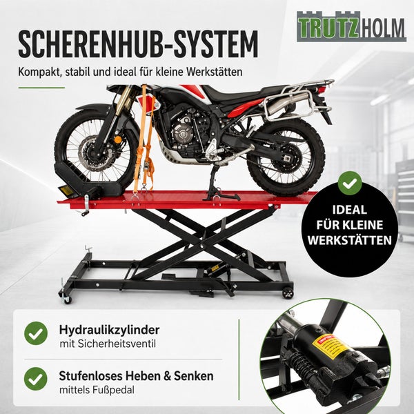 Motorrad-Scherenhebebühne von Trutzholm mit Hydraulikzylinder und Fußpedal für stufenloses Heben, ideal für kleine Werkstätten. Trutzholm Logo.