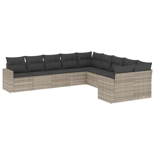 10-tlg. Garten-Sofagarnitur mit Kissen Hellgrau Poly Rattan