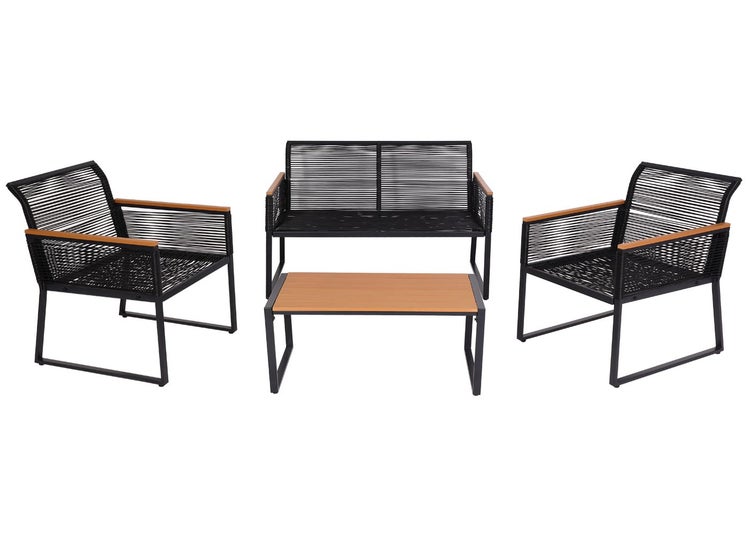 Schwarzes Gartenmöbel-Set mit Seilbespannung, bestehend aus einer Bank, zwei Sesseln und einem Tisch mit braunen Holzoptik-Elementen.