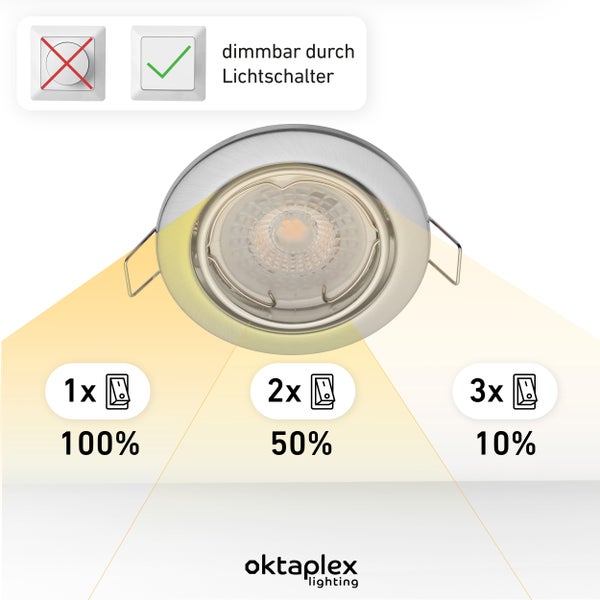 3er Set Einbaustrahler 3 Stufen dimmbar Warmweiß 2700K 4.8W 380lm Schwenkbar Edelstahl gebürstet Lochmaß 68mm