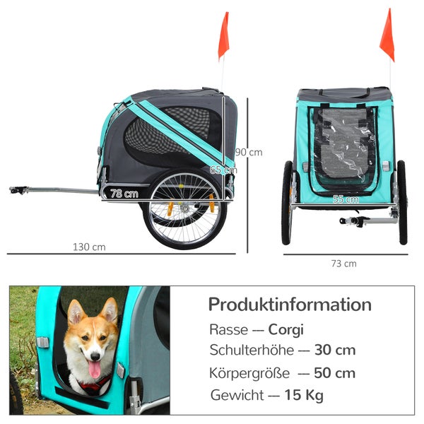 PawHut Fahrradanhänger, L130 x B73 x H90 cm, Oxfordstoff, Metall, Grau+Grün