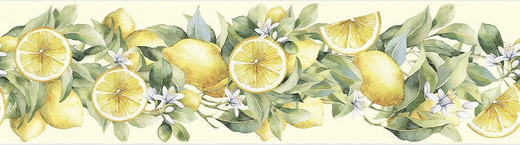 Tapetenborte mit Zitronenmotiv, Zitronenscheiben, Blättern und Blüten im Aquarellstil.