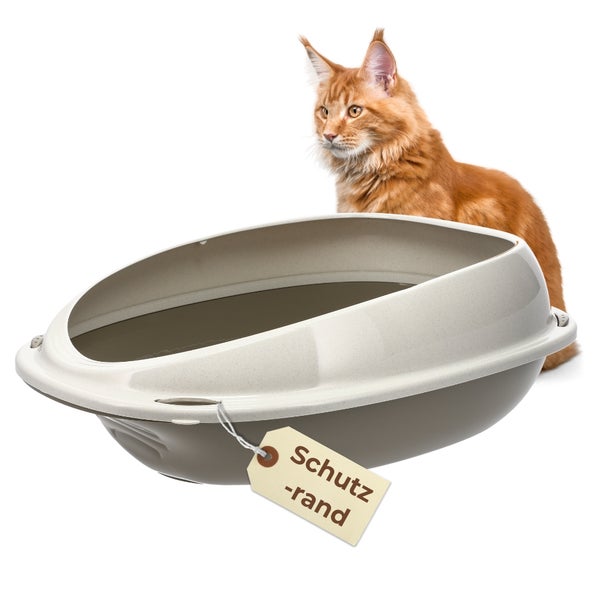 Katzentoilette aus Kunststoff mit hohem Schutzrand und einer orangefarbenen Katze.