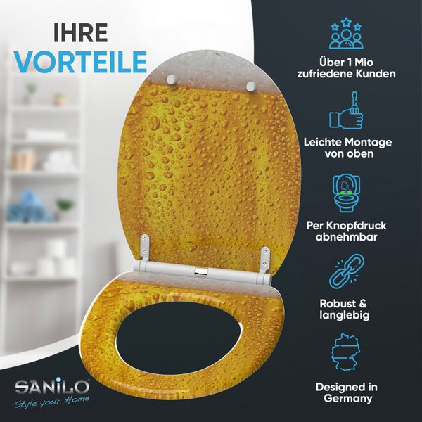 Sanilo Logo, WC-Sitz mit Bier-Design, einfache Montage von oben, per Knopfdruck abnehmbar, robust und langlebig, entwickelt in Deutschland.