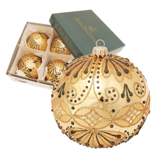 Gold matt 10cm Glaskugel mundgeblasen und handdekoriert, 4 Stck., Weihnachtsbaumkugeln, Christbaumschmuck, Weihnachtsbaumanhänger