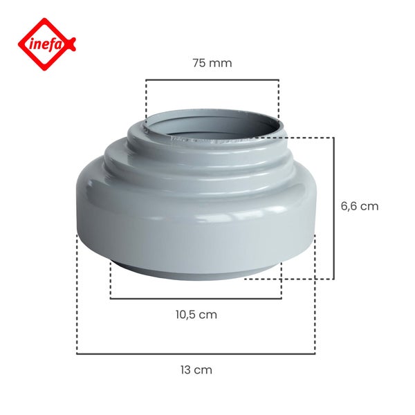 Inefa Logo. Grauer Dachrinnenadapter aus Kunststoff. Maße: oben 75 Millimeter, mittig 10,5 Zentimeter, unten 13 Zentimeter, Höhe 6,6 Zentimeter.